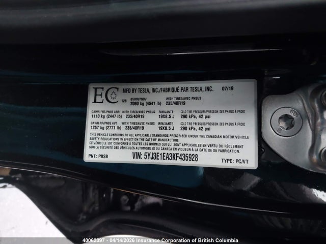Продаж на аукціоні авто 2019 Tesla Model 3, vin: 5YJ3E1EA3KF435928, номер лоту: 40062097
