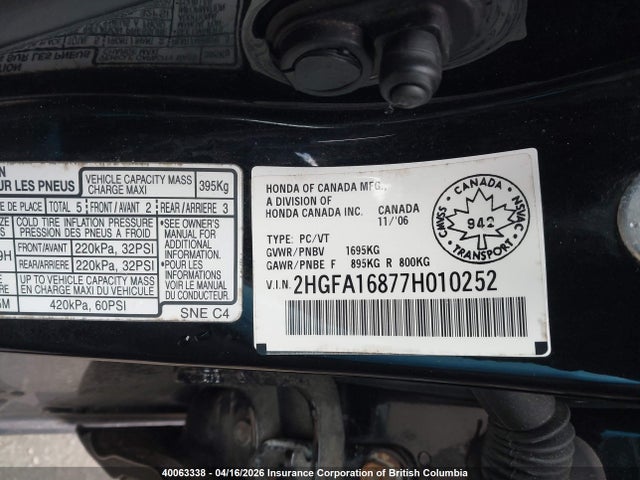 Aukcja sprzedaży 2007 Honda Civic, vin: 2HGFA16877H010252, numer aukcji: 40063338