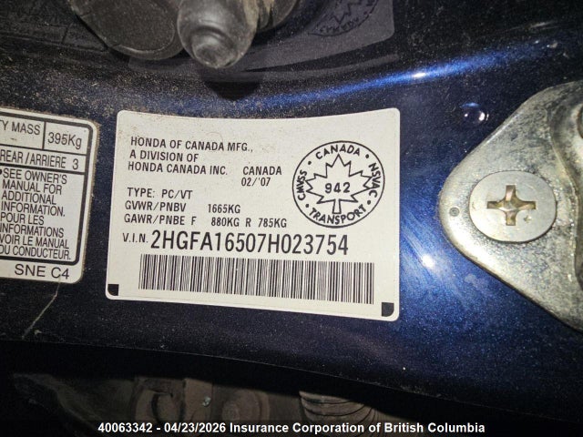 Aukcja sprzedaży 2007 Honda Civic, vin: 2HGFA16507H023754, numer aukcji: 40063342