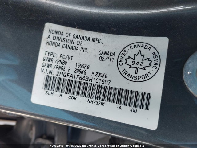 Продаж на аукціоні авто 2011 Honda Civic, vin: 2HGFA1F64BH101907, номер лоту: 40063343
