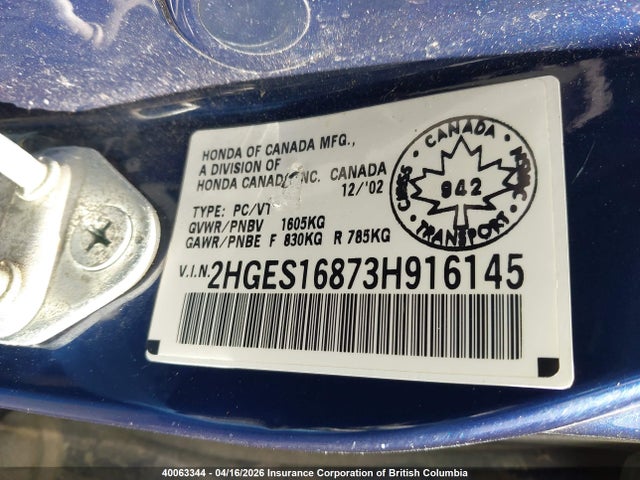 Aukcja sprzedaży 2003 Honda Civic, vin: 2HGES16873H916145, numer aukcji: 40063344