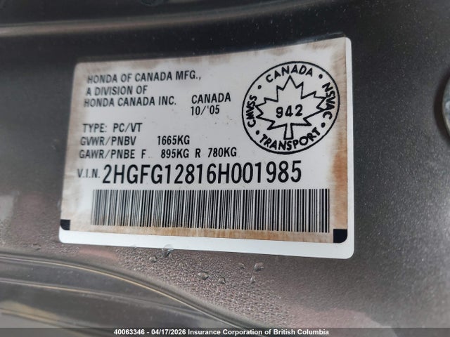 Продаж на аукціоні авто 2006 Honda Civic, vin: 2HGFG12816H001985, номер лоту: 40063346