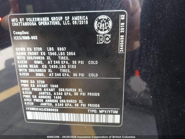 40063398 :رقم المزاد ، 1V2NR2CA2JC580023 vin ، 2018 Volkswagen Atlas مزاد بيع