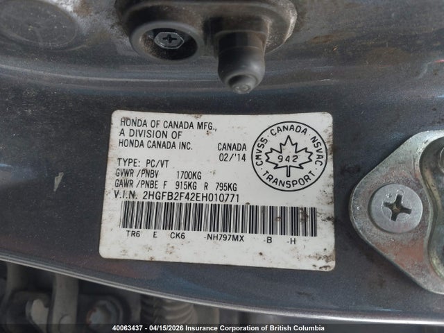 Продажа на аукционе авто 2014 Honda Civic, vin: 2HGFB2F42EH010771, номер лота: 40063437