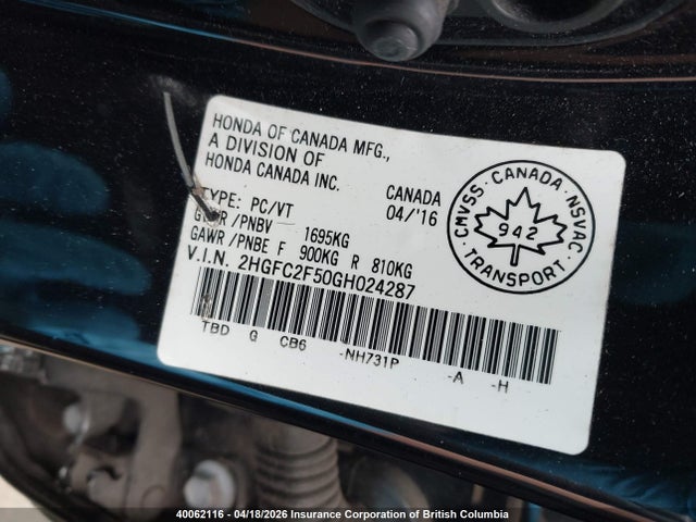 Aukcja sprzedaży 2016 Honda Civic Lx, vin: 2HGFC2F50GH024287, numer aukcji: 40062116