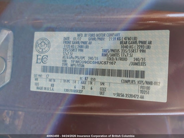 1FMCU9GD5HUC57167 Ford ESCAPE SE