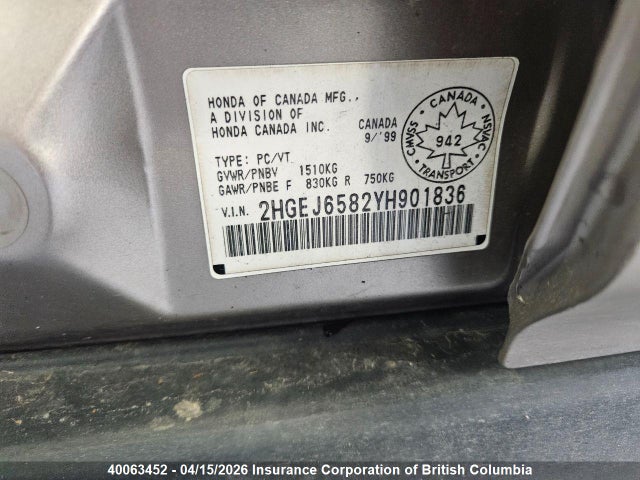 Aukcja sprzedaży 2000 Honda Civic, vin: 2HGEJ6582YH901836, numer aukcji: 40063452
