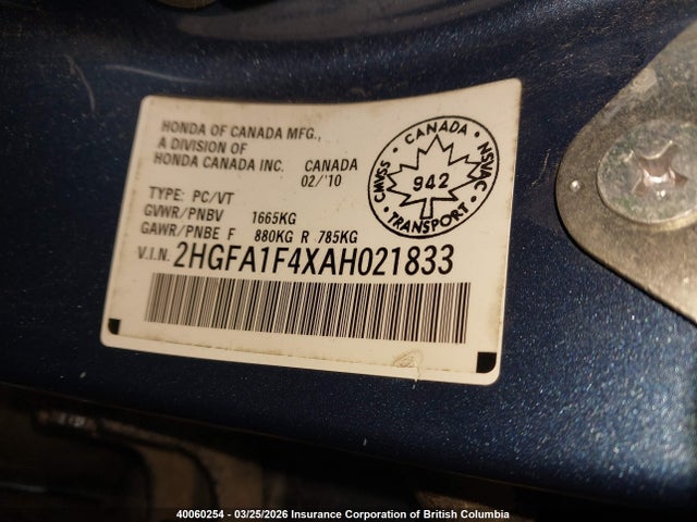 40060254 :رقم المزاد ، 2HGFA1F4XAH021833 vin ، 2010 Honda Civic Dx-g مزاد بيع