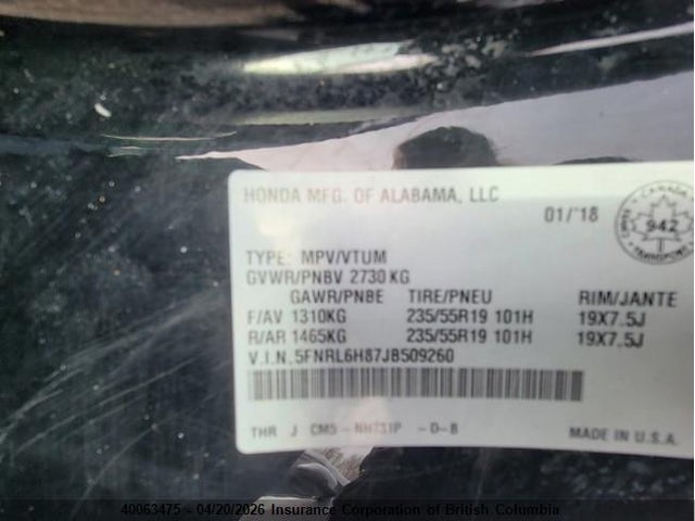 5FNRL6H87JB509260 Honda Odyssey Touring