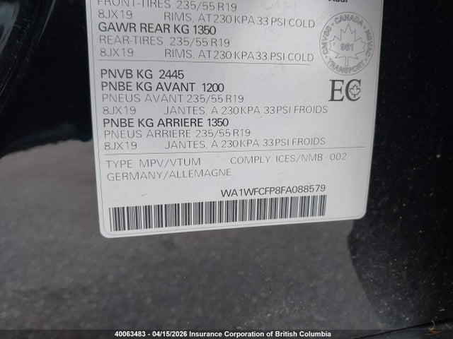 40063483 :رقم المزاد ، WA1WFCFP8FA088579 vin ، 2015 Audi Q5 مزاد بيع