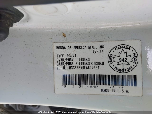 1HGCR2F50EA807431 Honda Accord Sport