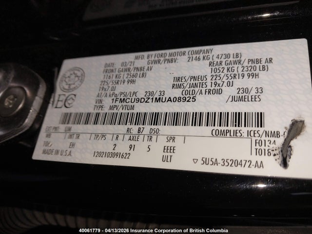 1FMCU9DZ1MUA08925 Ford Escape Titanium