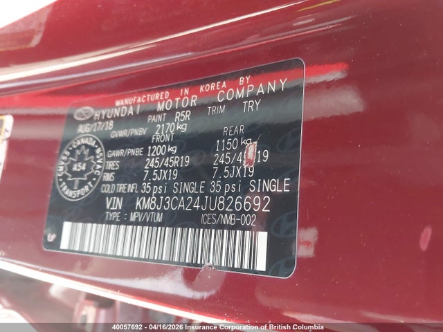 Aukcja sprzedaży 2018 Hyundai Tucson Limited/sport And Eco/se, vin: KM8J3CA24JU826692, numer aukcji: 40057692