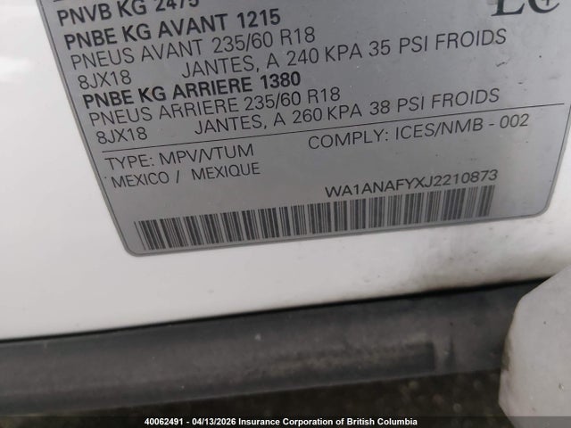 2018 Audi Q5 Premium მანქანა იყიდება აუქციონზე, vin: WA1ANAFYXJ2210873, აუქციონის ნომერი: 40062491