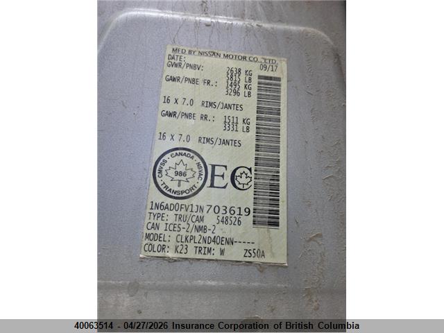 1N6AD0FV1JN703619 Nissan Frontier Sv/sl
