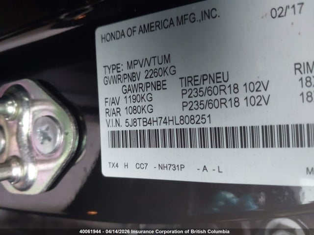 40061944 :رقم المزاد ، 5J8TB4H74HL808251 vin ، 2017 Acura Rdx Advance مزاد بيع