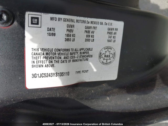 Продаж на аукціоні авто 2000 Chevrolet Cavalier, vin: 3G1JC5243YS135110, номер лоту: 40063527
