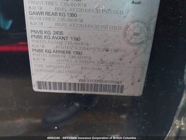 Aukcja sprzedaży 2014 Audi Q5 Premium Plus, vin: WA1LFCFP8EA035642, numer aukcji: 40062240