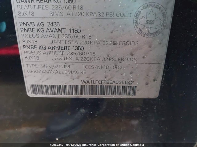 Aukcja sprzedaży 2014 Audi Q5 Premium Plus, vin: WA1LFCFP8EA035642, numer aukcji: 40062240