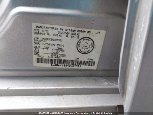 40063567 :رقم المزاد ، 1N4BA41E84C801521 vin ، 2004 Nissan Maxima Se/sl مزاد بيع