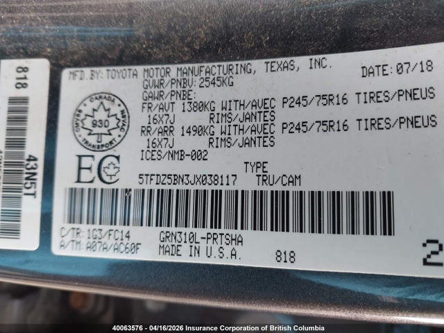 5TFDZ5BN3JX038117 Toyota Tacoma Sr5
