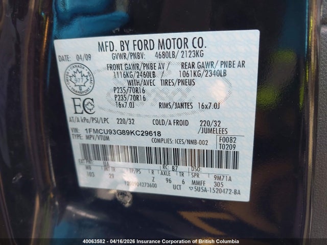 2009 Ford Escape Xlt Automatic მანქანა იყიდება აუქციონზე, vin: 1FMCU93G89KC29618, აუქციონის ნომერი: 40063582