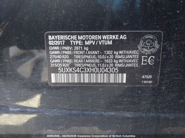 5UXKS4C3XH0U04305 BMW X5