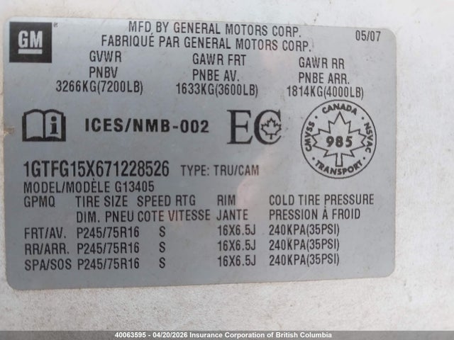 Продажа на аукционе авто 2007 Gmc Savana G1500, vin: 1GTFG15X671228526, номер лота: 40063595