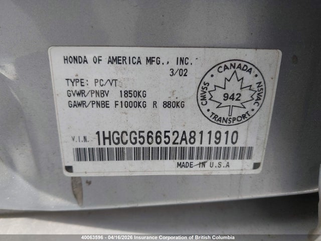Продаж на аукціоні авто 2002 Honda Accord Ex-l, vin: 1HGCG56652A811910, номер лоту: 40063596