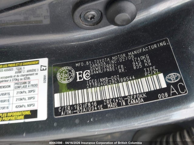 2009 Toyota Corolla Ce მანქანა იყიდება აუქციონზე, vin: 2T1BU40E29C189544, აუქციონის ნომერი: 40063598