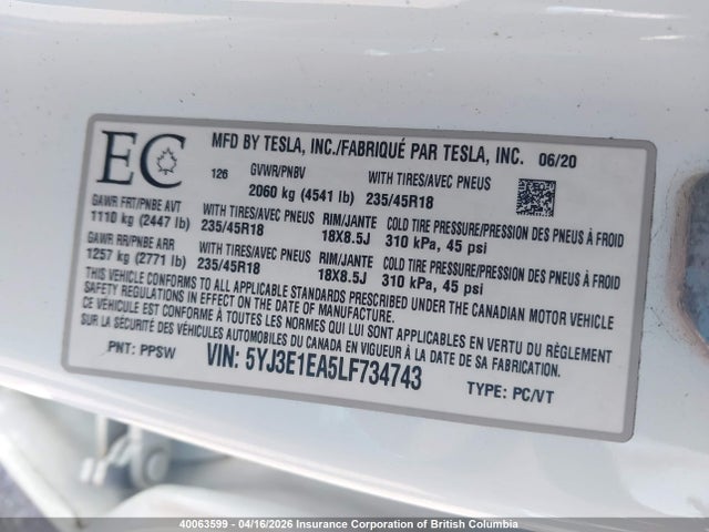 5YJ3E1EA5LF734743 Tesla MODEL 3