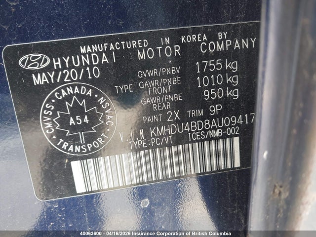 Aukcja sprzedaży 2010 Hyundai Elantra Blue/gls/se, vin: KMHDU4BD8AU094177, numer aukcji: 40063600