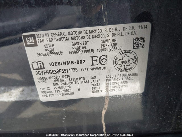 3GYFNGE38FS571738 Cadillac SRX