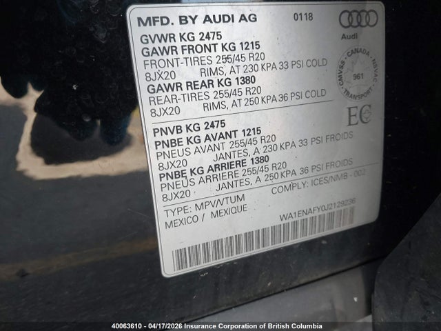 Aukcja sprzedaży 2018 Audi Q5, vin: WA1ENAFY0J2129236, numer aukcji: 40063610