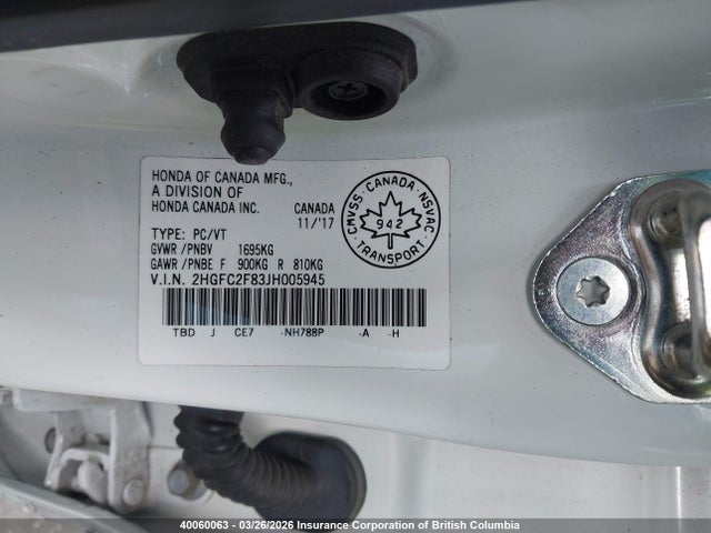 Продаж на аукціоні авто 2018 Honda Civic Ex, vin: 2HGFC2F83JH005945, номер лоту: 40060063