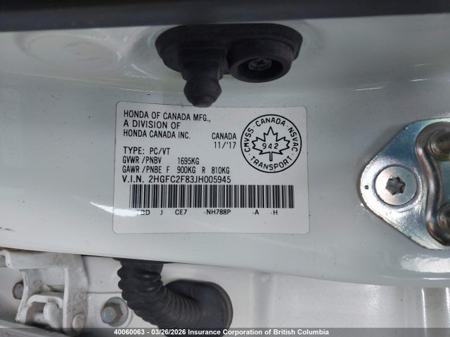 Продаж на аукціоні авто 2018 Honda Civic Ex, vin: 2HGFC2F83JH005945, номер лоту: 40060063