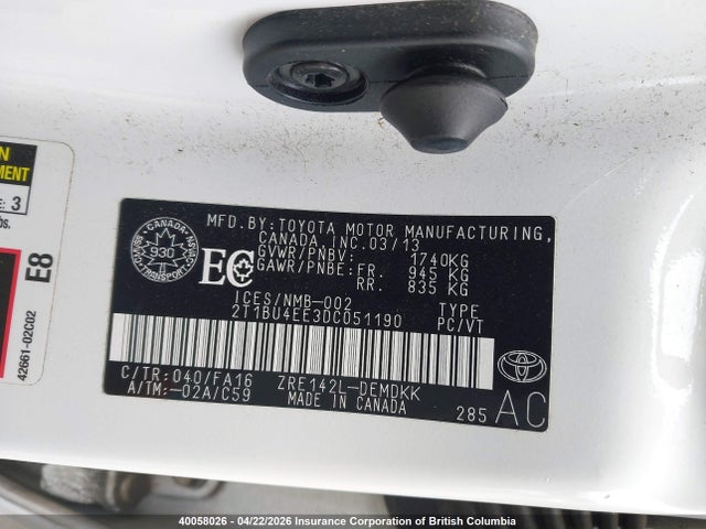 2013 Toyota Corolla S/le მანქანა იყიდება აუქციონზე, vin: 2T1BU4EE3DC051190, აუქციონის ნომერი: 40058026