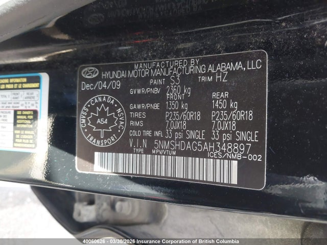 2010 Hyundai Santa Fe Se მანქანა იყიდება აუქციონზე, vin: 5NMSHDAG5AH348897, აუქციონის ნომერი: 40060626