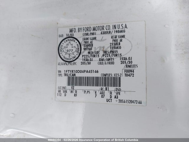 Продажа на аукционе авто 2004 Ford Ranger, vin: 1FTYR10D04PA45146, номер лота: 40055354