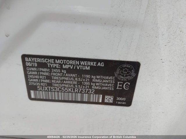 40054426 :رقم المزاد ، 5UXTS3C55KLR73732 vin ، 2019 Bmw X3 Xdrivem40i مزاد بيع