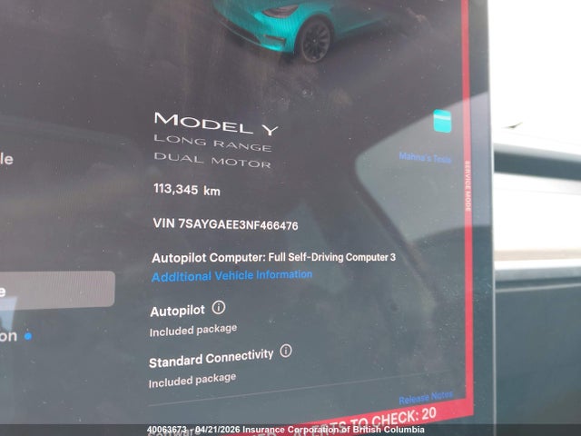 Продажа на аукционе авто 2022 Tesla Model Y Long Range, vin: 7SAYGAEE3NF466476, номер лота: 40063673