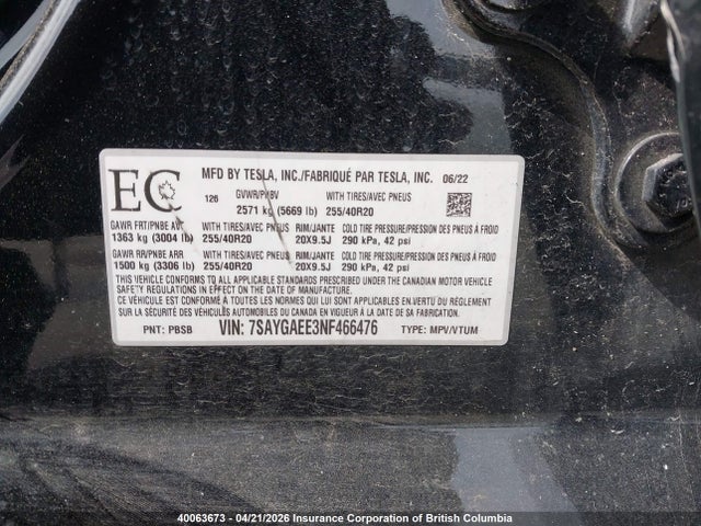 Продажа на аукционе авто 2022 Tesla Model Y Long Range, vin: 7SAYGAEE3NF466476, номер лота: 40063673
