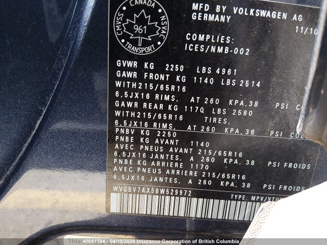 Aukcja sprzedaży 2011 Volkswagen Tiguan S/se/sel, vin: WVGBV7AX5BW529972, numer aukcji: 40061784