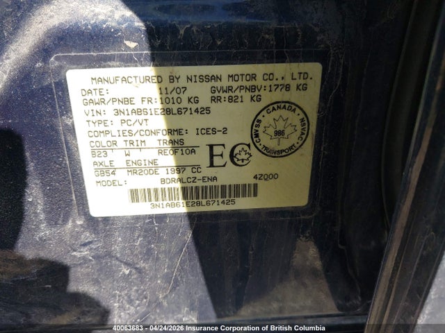 40063683 :رقم المزاد ، 3N1AB61E28L671425 vin ، 2008 Nissan Sentra 2.0/2.0s/2.0sl مزاد بيع