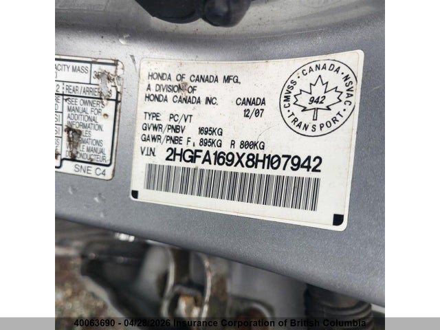Aukcja sprzedaży 2008 Honda Civic, vin: 2HGFA169X8H107942, numer aukcji: 40063690