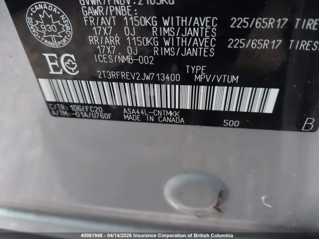 2018 Toyota Rav4 Adventure/xle მანქანა იყიდება აუქციონზე, vin: 2T3RFREV2JW713400, აუქციონის ნომერი: 40061948