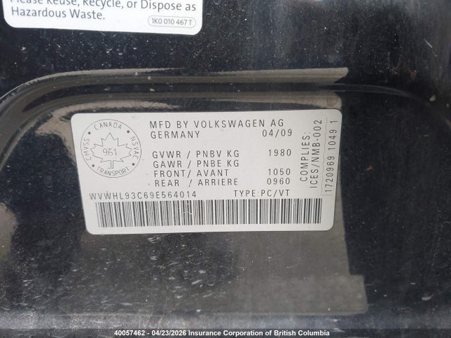 Aukcja sprzedaży 2009 Volkswagen Cc Luxury, vin: WVWHL93C69E564014, numer aukcji: 40057462