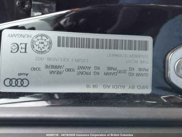 Aukcja sprzedaży 2016 Audi A3 Premium Plus, vin: WAUE8GFF1G1096631, numer aukcji: 40060728