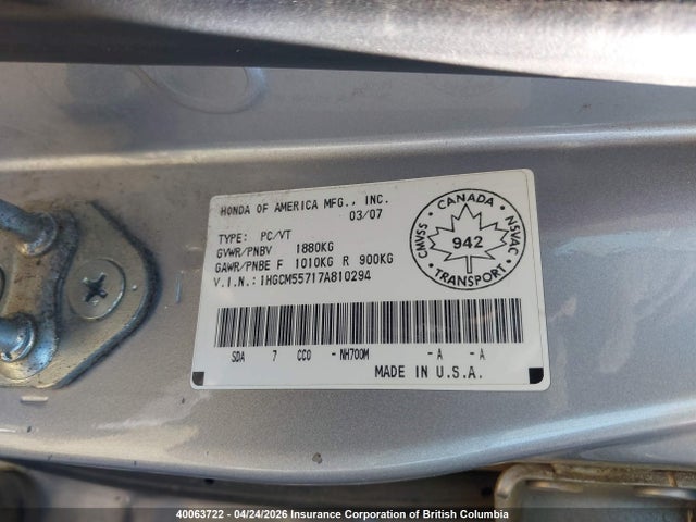 Aukcja sprzedaży 2007 Honda Accord Ex, vin: 1HGCM55717A810294, numer aukcji: 40063722