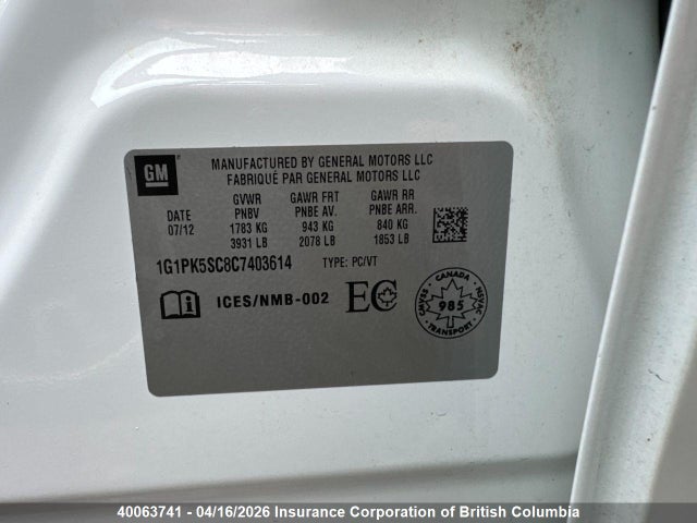 Продаж на аукціоні авто 2012 Chevrolet Cruze, vin: 1G1PK5SC8C7403614, номер лоту: 40063741